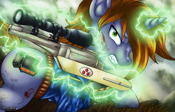 Size: 1400x900 | Tagged: safe, artist:jeffk38uk, oc, oc only, oc:littlepip, pony, unicorn, fallout equestria, ashes of equestria, blood, blood stains, clothes, cloud, cloudy, combat, cut, fallout, fanfic, fanfic art, female, fight, glowing horn, gritted teeth, gun, handgun, hooves, horn, jumpsuit, levitation, little macintosh, magic, mare, optical sight, overmare studios, pipbuck, revolver, scope, solo, telekinesis, vault suit, wasteland, weapon