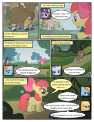 Size: 612x792 | Tagged: safe, artist:newbiespud, edit, edited screencap, screencap, apple bloom, applejack, rainbow dash, rarity, twilight sparkle, zecora, earth pony, pegasus, pony, unicorn, zebra, comic:friendship is dragons, bridle gossip, g4, blank flank, bow, bracelet, building, cloak, clothes, comic, dialogue, everfree forest, female, filly, foal, freckles, hair bow, hiding, hooves, horn, jewelry, mare, neck rings, ponyville, screencap comic, tree, unicorn twilight