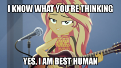 Size: 700x395 | Tagged: safe, edit, edited screencap, screencap, sunset shimmer, equestria girls, equestria girls series, g4, let it rain, spoiler:eqg series (season 2), acoustic guitar, beautiful, best human, caption, cute, female, guitar, image macro, looking at you, microphone, musical instrument, shimmerbetes, solo, text, truth