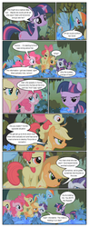 Size: 612x1555 | Tagged: safe, artist:newbiespud, edit, edited screencap, screencap, apple bloom, applejack, fluttershy, pinkie pie, rainbow dash, rarity, twilight sparkle, earth pony, pegasus, pony, unicorn, comic:friendship is dragons, bridle gossip, g4, apple bloom riding applejack, blank flank, bow, comic, cowboy hat, dialogue, everfree forest, female, filly, flying, foal, freckles, frown, hair bow, hat, hooves, horn, mare, open mouth, poison joke, ponies riding ponies, riding, screencap comic, spread wings, unamused, unicorn twilight, wings