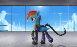 Size: 1300x800 | Tagged: safe, artist:emeraldgalaxy, rainbow dash, pegasus, pony, fallout equestria, g4, armor, cloudsdale, enclave armor, fanfic, fanfic art, female, hooves, mare, ministry mares, power armor, scorpion tail, solo, tail, wings