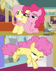 Size: 645x824 | Tagged: safe, edit, edited screencap, screencap, fluttershy, li'l cheese, lucky breaks, pinkie pie, pony, g4, season 9, the last problem, the saddle row review, background pony, colt, comic, discovery family logo, female, foal, implied fluttershy, implied pinkie pie, lesbian, like mother like child, like mother like son, like parent like child, looking at you, magical lesbian spawn, male, mother and child, offspring, pink skin, prancing, screencap comic, ship:flutterpie, shipping, side hug, smug, uncomfortable, yellow skin