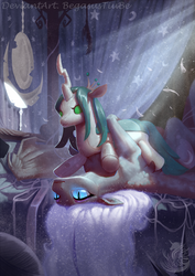 Size: 1240x1753 | Tagged: safe, artist:begasus, nightmare moon, queen chrysalis, alicorn, pony, g4, :3, bed, crepuscular rays, cute, ear fluff, female, floppy ears, frown, glowing eyes, hug, implied chrysmoon, implied lesbian, looking at you, lying down, mare, moonabetes, nicemare moon, on back, pillow, plushie, ship:chrysmoon, shipping, shoulder fluff, signature, solo, sparkles, spread wings, wing fluff, wings