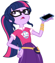 Size: 2888x3284 | Tagged: safe, artist:sketchmcreations, sci-twi, twilight sparkle, equestria girls, g4, my little pony equestria girls: choose your own ending, the road less scheduled, bracelet, cellphone, female, frown, high res, jewelry, open mouth, phone, simple background, solo, transparent background, vector