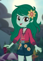 Size: 372x523 | Tagged: safe, screencap, wallflower blush, equestria girls, g4, let it rain, my little pony equestria girls: better together, clothes, cropped, cute, female, flower, flower in hair, flowerbetes, freckles, hnnng, looking at you, music festival outfit, shorts, smiling, solo