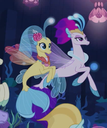 Size: 378x452 | Tagged: safe, screencap, princess skystar, queen novo, seapony (g4), g4, the ending of the end, cropped, crown, female, fin wings, fins, fish tail, flower, flower in hair, jewelry, like mother like daughter, like parent like child, mother and daughter, regalia, seaquestria, show accurate, tail, underwater, wings
