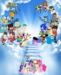 Size: 2865x3476 | Tagged: safe, applejack, fluttershy, pinkie pie, rainbow dash, rarity, twilight sparkle, alicorn, bird, blue jay, dog, dragon, earth pony, fish, hedgehog, human, pegasus, raccoon, snail, toucan, unicorn, g4, adventure time, bittersweet, bloo (foster's), blossom (powerpuff girls), bubbles (powerpuff girls), buttercup (powerpuff girls), captain k'nuckles, cartoon heaven, clarence, clarence wendle, crossover, dan, dan vs, dipper pines, dollar, end of g4, end of ponies, ferb fletcher, finn the human, fish hooks, flapjack (the marvelous misadventures of flapjack), frankie pamplemousse, gravity falls, harvey beaks, heaven, high res, jake the dog, k.o. (ok k.o.!), littlest pet shop, lucky smarts, mabel pines, male, mane six, marco diaz, milo, mordecai, mordecai and rigby, ok k.o.! lets be heroes, phineas and ferb, phineas flynn, pound puppies, regular show, series finale blues, sonic boom, sonic the hedgehog, sonic the hedgehog (series), star butterfly, star vs the forces of evil, the marvelous misadventures of flapjack, the powerpuff girls, the zhuzhus, tuca and bertie, tuca toucan, twilight sparkle (alicorn), wander (wander over yonder), wander over yonder, zoe trent