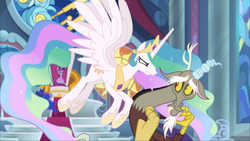 Size: 1920x1080 | Tagged: safe, screencap, discord, princess celestia, princess luna, twilight sparkle, alicorn, draconequus, pony, g4, the ending of the end, leak, angry, canterlot castle, celestia is not amused, crown, ethereal mane, female, flowing mane, flying, glare, gritted teeth, guilty, hoof shoes, jewelry, mare, paws, regalia, scolding, spread wings, stained glass, talons, throne, throne room, twilight sparkle (alicorn), unamused, wings
