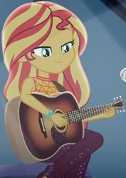 Size: 762x1078 | Tagged: safe, screencap, sunset shimmer, equestria girls, equestria girls series, g4, let it rain, spoiler:eqg series (season 2), acoustic guitar, beautiful, cropped, crossed legs, female, guitar, light, looking down, microphone, musical instrument, playing guitar, sitting, smiling, solo, stage, stool