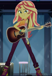 Size: 441x641 | Tagged: safe, screencap, sunset shimmer, equestria girls, g4, let it rain, my little pony equestria girls: better together, acoustic guitar, cropped, female, guitar, lidded eyes, looking at you, musical instrument, playing guitar, rain, singing, smiling, solo, stage, standing