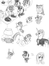 Size: 1645x2187 | Tagged: safe, artist:dani-claw, derpy hooves, dj pon-3, fancypants, fluttershy, neon lights, owlowiscious, rising star, twilight sparkle, vinyl scratch, pony, g4, dancing, female, filly, male, pencil drawing, ship:vinylights, shipping, sketch, straight, traditional art, woona, younger
