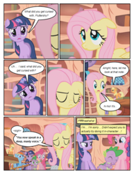 Size: 612x792 | Tagged: safe, artist:newbiespud, edit, edited screencap, screencap, applejack, fluttershy, pinkie pie, rainbow dash, rarity, spike, twilight sparkle, dragon, earth pony, pegasus, pony, unicorn, comic:friendship is dragons, bridle gossip, g4, appletini, book, comic, dialogue, eyes closed, female, floppy horn, flutterguy, freckles, golden oaks library, hairity, horn, laughing, male, mane six, mare, micro, poison joke, rainbow crash, sad, screencap comic, spitty pie, twilight flopple, unamused, unicorn twilight