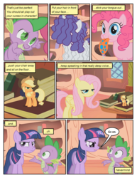 Size: 612x792 | Tagged: safe, artist:newbiespud, edit, edited screencap, screencap, applejack, fluttershy, pinkie pie, rarity, spike, twilight sparkle, dragon, earth pony, pegasus, pony, unicorn, comic:friendship is dragons, bridle gossip, g4, appletini, book, comic, dialogue, female, flutterguy, freckles, frown, golden oaks library, hairity, hat, laughing, male, mare, messy mane, micro, screencap comic, slit pupils, spitty pie, tongue out, twilight flopple, unamused, unicorn twilight