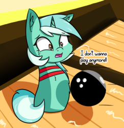 Size: 1993x2051 | Tagged: safe, artist:artiks, lyra heartstrings, object pony, original species, pony, unicorn, g4, bowling, bowling ball, bowling pin, bust, cheek fluff, chest fluff, dialogue, ear fluff, female, frown, horn, mare, open mouth, ponified, scared, solo, this will end in pain, this will end in tears, wat, wide eyes