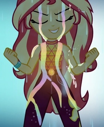Size: 880x1080 | Tagged: safe, screencap, sunset shimmer, equestria girls, equestria girls series, g4, let it rain, spoiler:eqg series (season 2), cropped, female, geode of empathy, magical geodes, rain, rainbow, smiling, solo