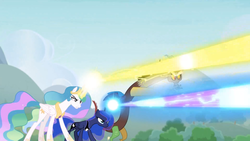 Size: 1920x1080 | Tagged: safe, screencap, discord, princess celestia, princess luna, alicorn, pony, g4, the ending of the end, leak, blast, female, magic, magic beam, magic blast, mare