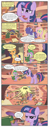 Size: 612x1554 | Tagged: safe, artist:newbiespud, edit, edited screencap, screencap, applejack, fluttershy, rarity, spike, twilight sparkle, dragon, earth pony, pegasus, pony, unicorn, comic:friendship is dragons, bridle gossip, g4, appletini, book, comic, dialogue, female, floppy horn, flutterguy, golden oaks library, hairity, hat, horn, male, mare, messy mane, micro, reading, screencap comic, talking book, twilight flopple, unicorn twilight