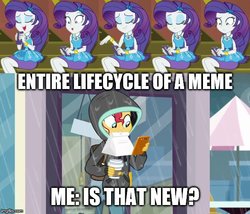 Size: 585x500 | Tagged: safe, screencap, rarity, sunset shimmer, costume conundrum, equestria girls, g4, monday blues, my little pony equestria girls: better together, my little pony equestria girls: summertime shorts, caption, female, geode of shielding, image macro, magical geodes, text