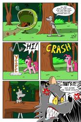 Size: 730x1095 | Tagged: safe, artist:cartoon-eric, pinkie pie, oc, oc:fred wolfbane, earth pony, pony, wolf, comic:pink. it's what's for dinner, g4, angry, circling stars, comic, cross-popping veins, dizzy, female, food, forest, head lump, mare, muffin, piranha plant, sharp teeth, stars, teeth, wingding eyes