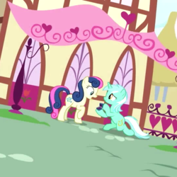 Size: 542x542 | Tagged: safe, screencap, bon bon, lyra heartstrings, sweetie drops, earth pony, pony, unicorn, g4, season 9, the big mac question, adventure in the comments, background characters doing background things, background pony, box, canon ship, cropped, duo, dutch angle, engagement, engagement ring, female, it finally happened, it happened, kneeling, lesbian, mare, marriage proposal, pony history, raised hoof, ring, ship:lyrabon, shipping, will you marry me
