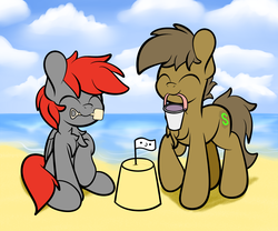 Size: 2400x2000 | Tagged: safe, artist:php142, oc, oc:almond evergrow, oc:grant, pegasus, pony, beach, bucket, chest fluff, cute, eyes closed, high res, mouth hold, raised hoof, sand, sandcastle