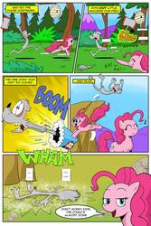 Size: 730x1095 | Tagged: safe, artist:cartoon-eric, pinkie pie, oc, oc:fred wolfbane, bee, earth pony, pony, comic:pink. it's what's for dinner, g4, axe, beehive, chase, cliff, comic, faceplant, fail, fourth wall break, laughing, launch, party cannon, weapon