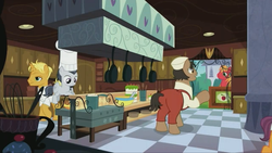 Size: 1280x720 | Tagged: safe, screencap, big macintosh, gourmand ramsay, port wine, puff pastry, rumble, earth pony, pony, g4, the last problem, leak, colt, cooking, gordon ramsay, kitchen, male, stallion