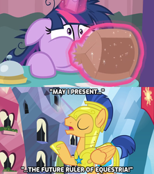 Size: 1280x1440 | Tagged: safe, edit, edited screencap, screencap, flash sentry, twilight sparkle, alicorn, pegasus, pony, a trivial pursuit, g4, twilight's kingdom, armor, blowing, caption, deadpan snarker, female, floppy ears, hoof shoes, hyperventilating, magic, majestic as fuck, male, mare, messy mane, paper bag, puffy cheeks, royal guard, stallion, the future ruler of equestria, twilight snapple, twilight sparkle (alicorn), twilighting, twilynanas, wings