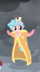 Size: 253x450 | Tagged: safe, screencap, cozy glow, lord tirek, alicorn, pony, g4, the ending of the end, leak, alicornified, clothes, cloud, cloudy, cozycorn, cropped, female, filly, horn, race swap, robe, solo focus, wings