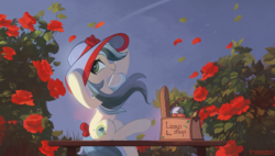 Size: 3000x1700 | Tagged: safe, artist:freeedon, oc, oc only, earth pony, pony, bench, bow, commission, cottagecore, female, flower, garden, hat, mare, outdoors, profile, rose, rose garden, rose petals, shopping bag, sitting, smiling, solo, sun hat, tail bow, windswept mane, ych result