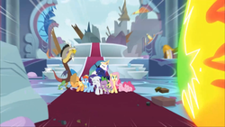 Size: 1920x1080 | Tagged: safe, screencap, applejack, discord, fluttershy, pinkie pie, princess celestia, princess luna, rainbow dash, rarity, spike, dragon, g4, the ending of the end, leak, animation error, missing horn, winged spike, wings