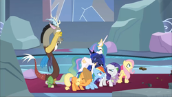 Size: 1920x1080 | Tagged: safe, screencap, applejack, discord, fluttershy, princess celestia, princess luna, rainbow dash, rarity, spike, g4, the ending of the end, leak