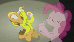 Size: 1280x720 | Tagged: safe, screencap, cheese sandwich, pinkie pie, pony, g4, the last laugh, microphone