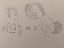 Size: 4032x3024 | Tagged: safe, artist:cleverround, oc, oc:filly anon, earth pony, pony, baby, baby pony, blackjack, card, card game, diaper, female, filly, open mouth, ponytail, question mark, shocked, simple background, sitting, sketch, smiling, surprised, traditional art, white background, wide eyes