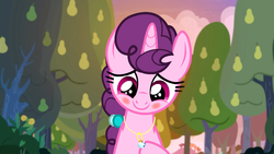 Size: 1920x1080 | Tagged: safe, screencap, sugar belle, pony, g4, the big mac question, blushing, cute, female, jewelry, mare, necklace, pear tree, solo, sugarbetes, tree