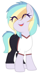 Size: 1288x2280 | Tagged: safe, artist:mint-light, artist:rukemon, oc, oc only, oc:pastel aerosol, earth pony, pony, base used, clothes, commission, eyes closed, female, jeans, mare, multicolored hair, open mouth, pants, shirt, simple background, solo, t-shirt, transparent background