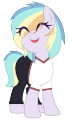 Size: 1288x2280 | Tagged: safe, artist:mint-light, artist:rukemon, oc, oc only, oc:pastel aerosol, earth pony, pony, base used, clothes, commission, eye clipping through hair, eyes closed, female, jeans, mare, multicolored hair, open mouth, open smile, pants, shirt, simple background, smiling, solo, t-shirt, transparent background