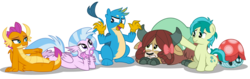 Size: 1592x502 | Tagged: safe, artist:aleximusprime, gallus, ocellus, sandbar, silverstream, smolder, yona, changeling, dragon, earth pony, griffon, hippogriff, pony, tortoise, yak, g4, chill, comforting, cute, diaocelles, diastreamies, gallabetes, group, hiding, kids, sandabetes, scared, simple background, smolderbetes, species swap, student six, students, transformed, transparent background, turtle shell, yonadorable, young