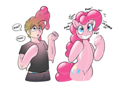 Size: 1280x940 | Tagged: safe, artist:redflare500, pinkie pie, human, latex pony, original species, pony, rubber pony, g4, big breasts, bipedal, breasts, forced smile, human to pony, latex, living latex, male, mental shift, rubber, simple background, smiling, transformation, transgender transformation, white background