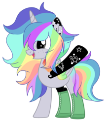 Size: 2224x2520 | Tagged: safe, artist:mint-light, artist:rukemon, oc, oc only, oc:pastel chole, alicorn, pony, alicorn oc, boots, commission, female, freckles, hair over one eye, heterochromia, mare, markings, multicolored hair, open mouth, rainbow hair, raised hoof, shoes, simple background, solo, tattoo, transparent background