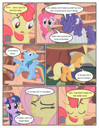 Size: 612x792 | Tagged: safe, artist:newbiespud, edit, edited screencap, screencap, apple bloom, applejack, fluttershy, pinkie pie, rainbow dash, rarity, twilight sparkle, earth pony, pegasus, pony, unicorn, comic:friendship is dragons, bridle gossip, g4, appletini, book, bow, comic, dialogue, eyes closed, female, filly, floppy horn, flutterguy, flying, golden oaks library, hair bow, hairity, hat, horn, mane six, mare, messy mane, micro, rainbow crash, sad, screencap comic, spitty pie, tongue out, twilight flopple, unicorn twilight