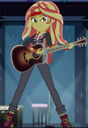 Size: 700x1017 | Tagged: safe, edit, edited screencap, editor:grapefruitface, screencap, sunset shimmer, equestria girls, g4, let it rain, my little pony equestria girls: better together, acoustic guitar, clothes, cosplay, costume, cropped, dire straits, female, guitar, headband, mark knopfler, musical instrument, rain, solo, sweatband