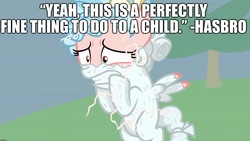 Size: 2048x1152 | Tagged: safe, edit, edited screencap, screencap, cozy glow, pegasus, pony, g4, the ending of the end, abuse, belly, caption, child abuse, cozy glow drama, cozybuse, cropped, drama, fear, female, filly, hasbro, i have no mouth and i must scream, image macro, inanimate tf, leash, legion of doom statue, lucifer hasbro, mare, meta, petrification, sarcasm, series finale drama, solo, statue, terror, text, transformation, turned to stone, you know for kids