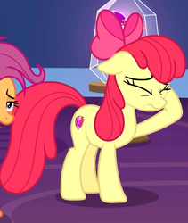 Size: 683x810 | Tagged: safe, screencap, apple bloom, scootaloo, earth pony, pony, g4, growing up is hard to do, cropped, cutie mark, eyes closed, female, mare, offscreen character, older, older apple bloom, older scootaloo, the cmc's cutie marks