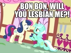 Size: 420x316 | Tagged: safe, edit, edited screencap, screencap, bon bon, lyra heartstrings, sweetie drops, earth pony, pony, unicorn, g4, the big mac question, background characters doing background things, background pony, box, caption, confirmed, cropped, engagement, engagement ring, female, grammar error, image macro, impact font, intentional grammar error, it finally happened, it happened, kneeling, lesbian, mare, marriage proposal, raised hoof, ring, ship:lyrabon, shipping, text