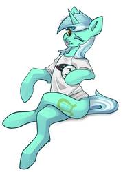 Size: 1005x1407 | Tagged: safe, artist:chibadeer, lyra heartstrings, pony, unicorn, g4, :p, clothes, commission, crossed legs, cutie mark, female, looking at you, loose fitting clothes, mare, one eye closed, shirt, simple background, sitting, solo, t-shirt, tongue out, white background, wink