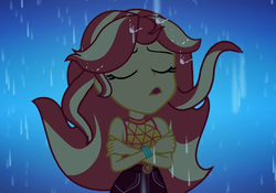 Size: 1546x1080 | Tagged: safe, screencap, sunset shimmer, equestria girls, equestria girls series, g4, let it rain, spoiler:eqg series (season 2), cropped, eyes closed, female, geode of empathy, magical geodes, rain, singing, sleeveless, solo