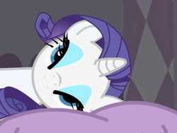 Size: 480x360 | Tagged: artist needed, safe, rarity, pony, unicorn, g4, animation error, bedroom eyes, fan animation, female, looking at you, lying down, lying on bed, mare, out of context, smiling, solo