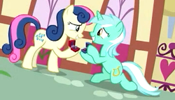 Size: 357x205 | Tagged: safe, screencap, bon bon, lyra heartstrings, sweetie drops, earth pony, pony, unicorn, g4, the big mac question, background characters doing background things, background pony, canon ship, duo, engagement ring, female, it finally happened, it happened, lesbian, marriage proposal, ring, ship:lyrabon, shipping, smiling, wedding ring, will you marry me