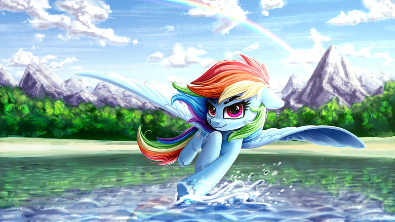 2127617 - safe, artist:rysunkowasucharia, rainbow dash, pegasus, pony,  16:9, beach, beautiful, cloud, cute, dashabetes, featured image, female,  floppy ears, flying, high res, looking at you, mare, mountain, outdoors,  plant, rainbow, scenery, scenery
